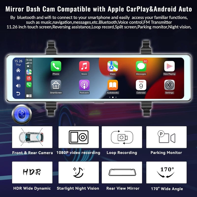 AMprime Mirror Dash Cam with Wireless Apple Carplay&Android Auto,11.26" Voice Control Rear View Mirror 1080P Front and Rear View Dual Cameras,FM Transmitter,Night Vision,Parking Assistance, WDR,Loop Recording - Image 2